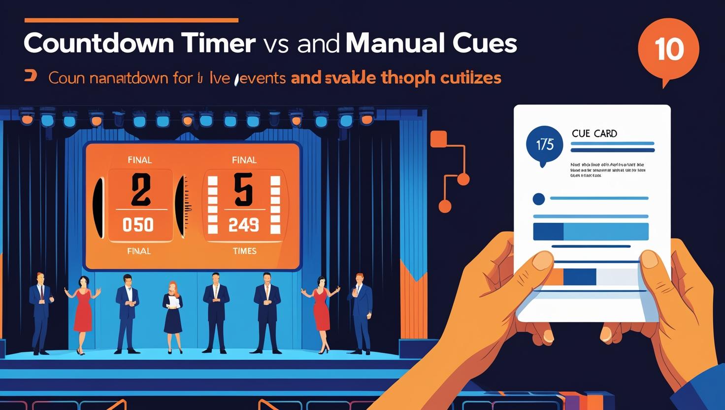 Manual cue card being held up to signal “5 minutes left” during a keynote