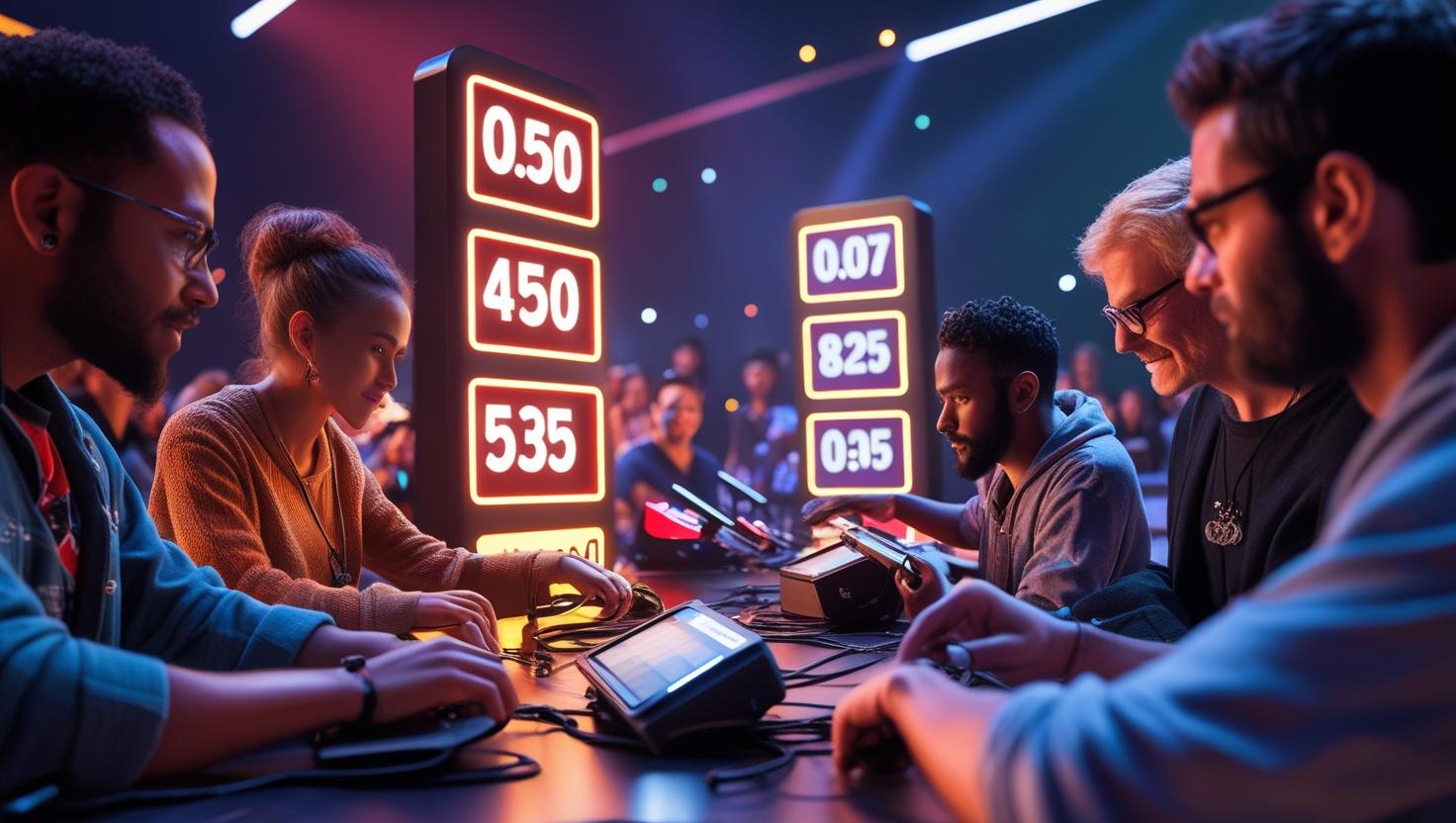 Inclusive countdown timer setup at a live events showing a speaker on stage, with accessibility-friendly displays and diverse audience members.