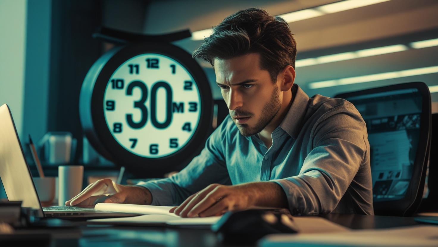 Person working at desk with a 30 minute timer on screen to boost productivity