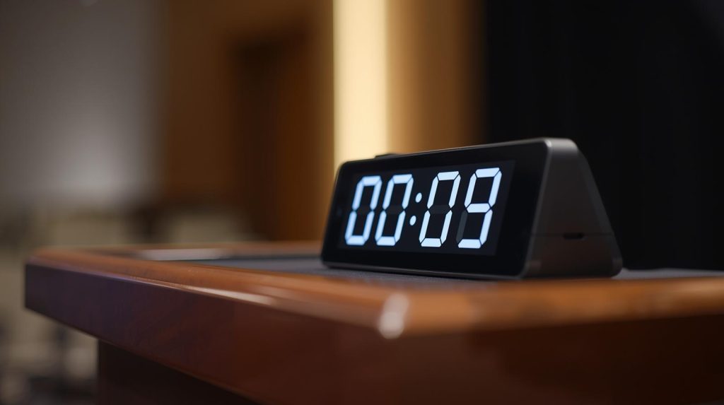 Speaker using a countdown timer to stay on track with speech timing at an event