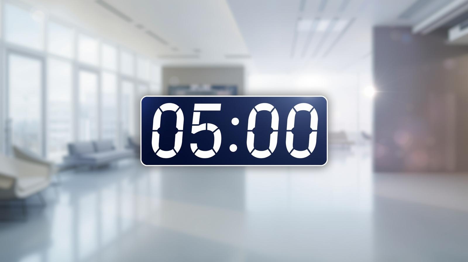5 minute countdown timer displayed on a digital event screen for managing session time.