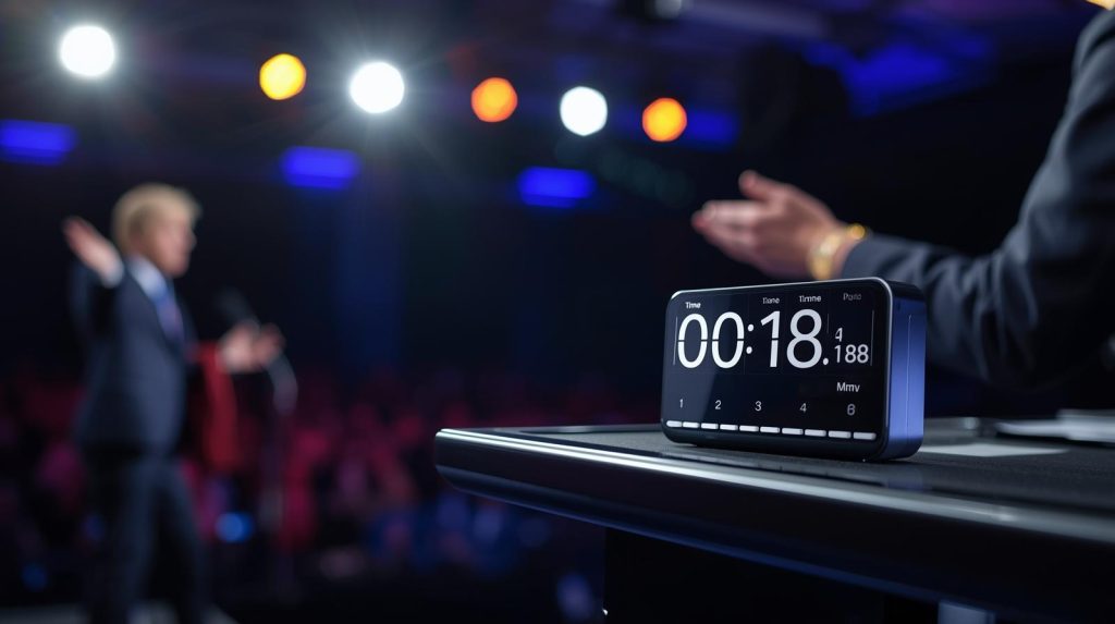 Speaker using a countdown timer on stage for perfect timing during a speaking gig.