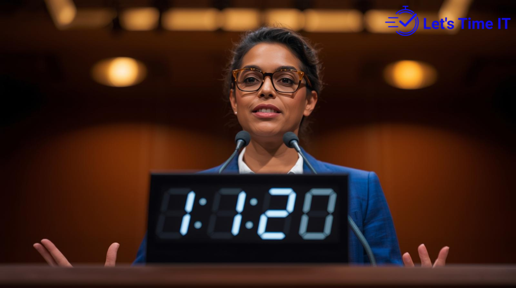 Speaker using a countdown timer to manage presentation time and reduce anxiety