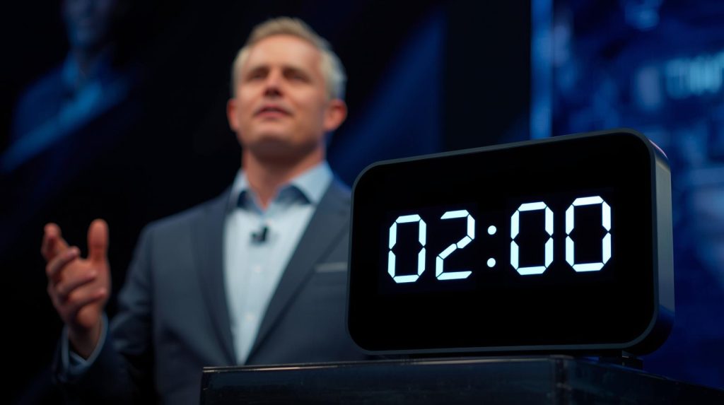 Speaker using on stage countdown timer during a live presentation.