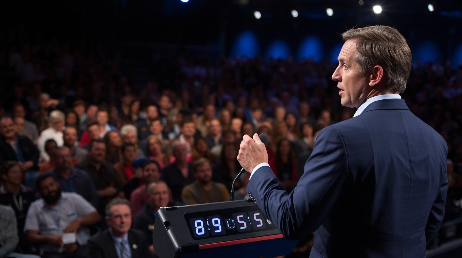 Speaker presenting with an on stage countdown timer in the background