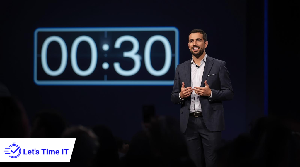 Public speaker using a countdown timer during a webinar or conference presentation