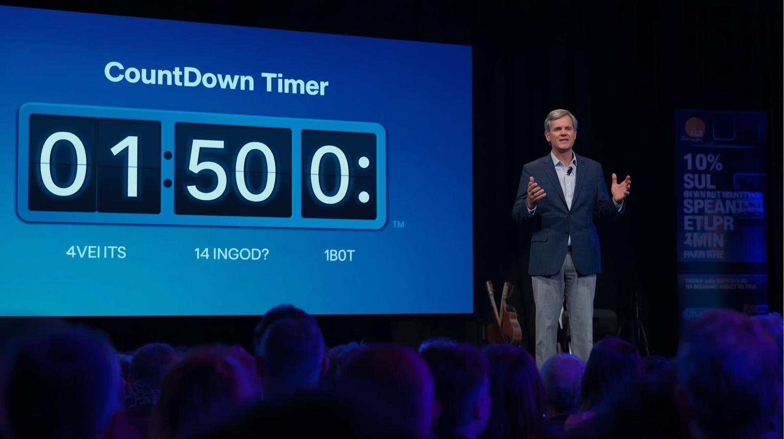 Public speaker using a countdown timer during a webinar or conference presentation