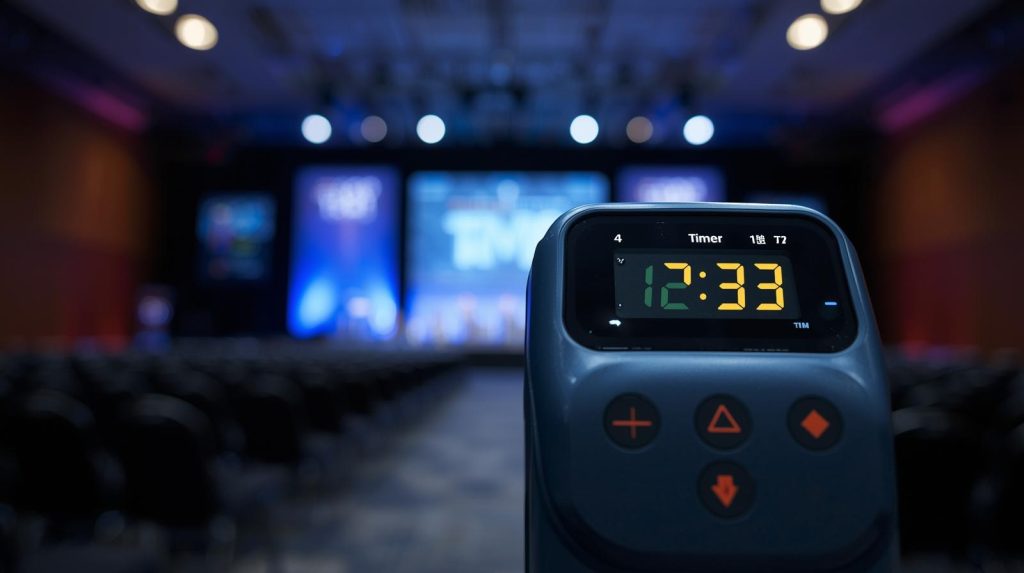 Conference speaker using a timer for presenters to stay on schedule