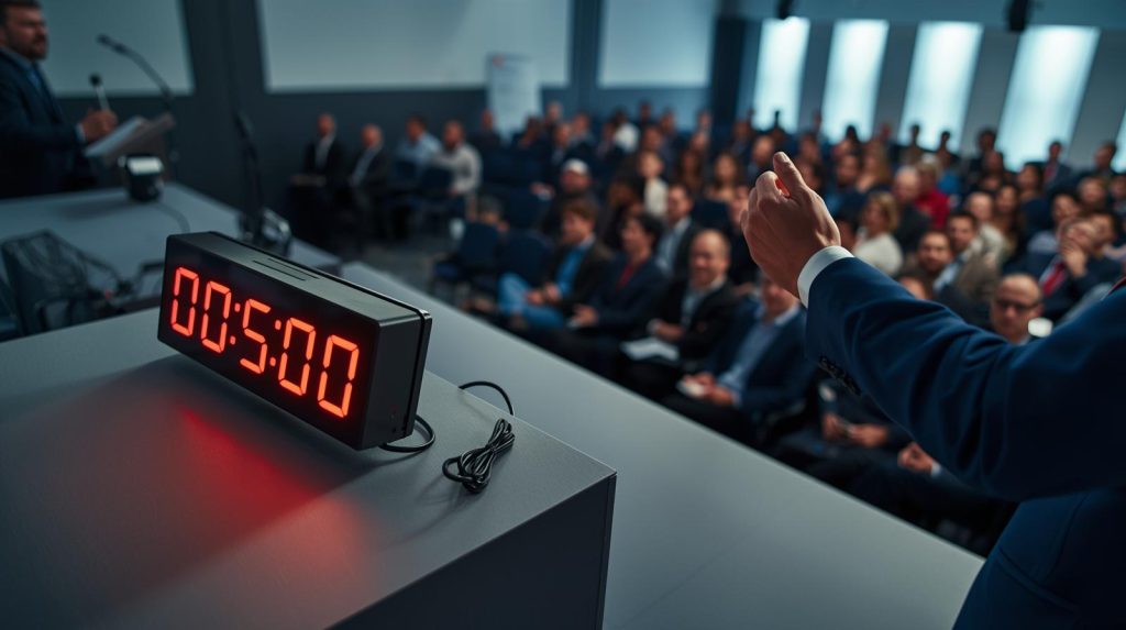 Conference speaker using a timer for presenters to stay on schedule