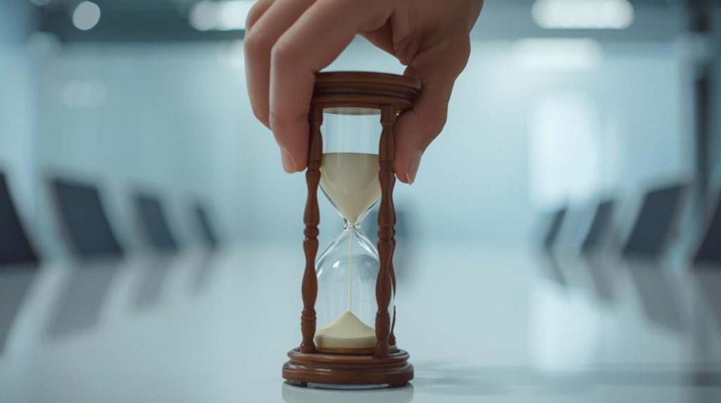 Event presenter using a fullscreen countdown timer to manage a 5-minute session during a live conference.