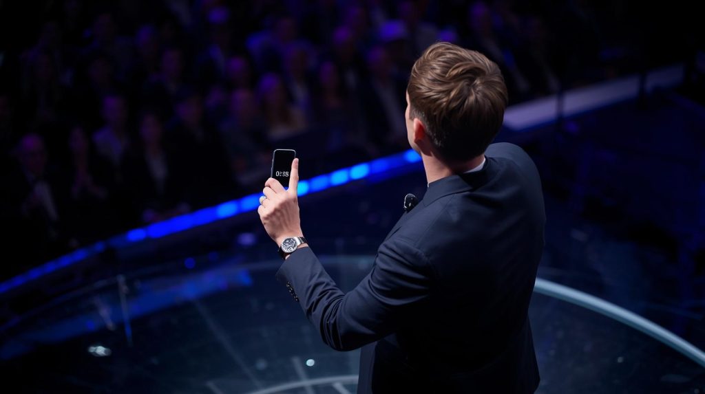 Presenter using a countdown timer during a live conference to manage time effectively.