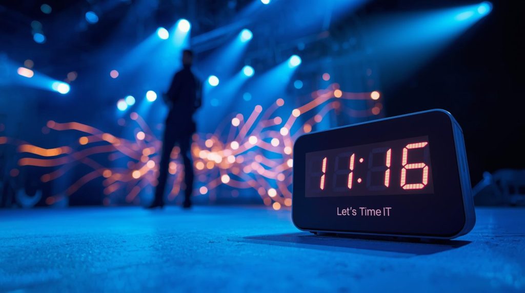 Presenter using a countdown timer during a live conference to manage time effectively.
