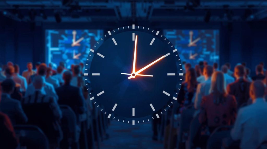 Event organizer monitoring a live clock with seconds and countdown timer during a conference session.