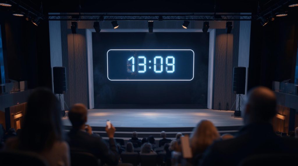 Visual stage timer displaying countdown during a conference presentation