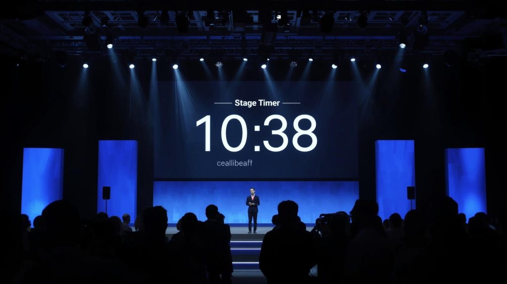 Visual stage timer displaying countdown during a conference presentation