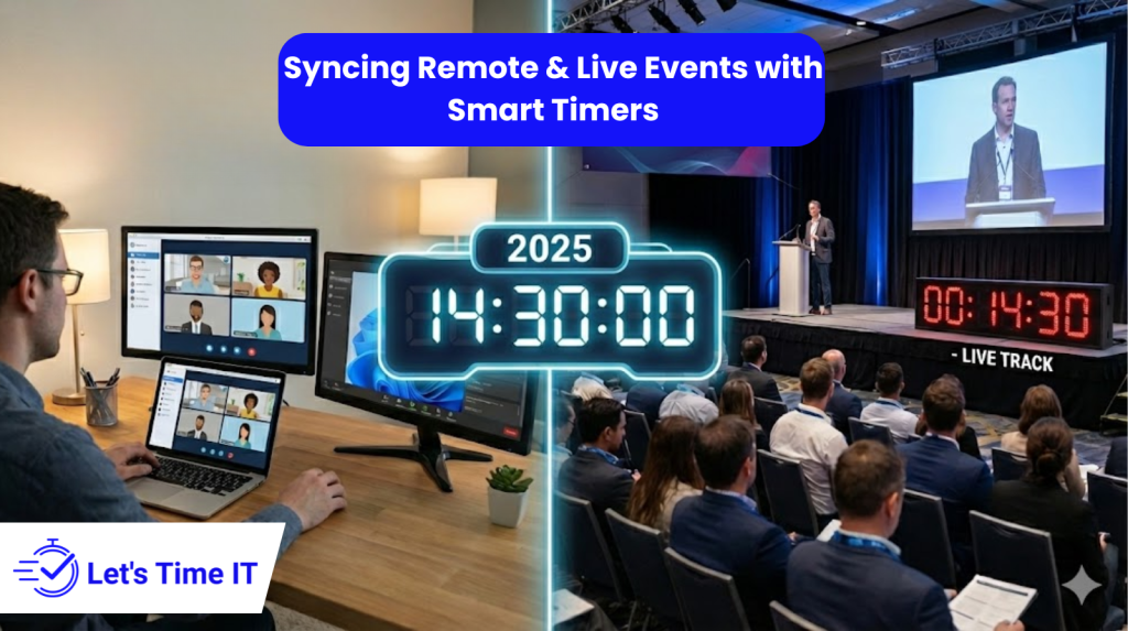 Timer interface illustrating synchronized countdowns for remote and live event sessions.