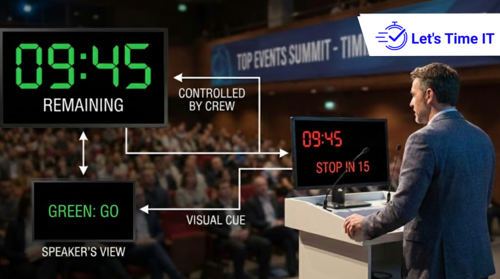 Stage timers displayed on event screens helping speakers manage time and stay on schedule during live conferences and keynote sessions.