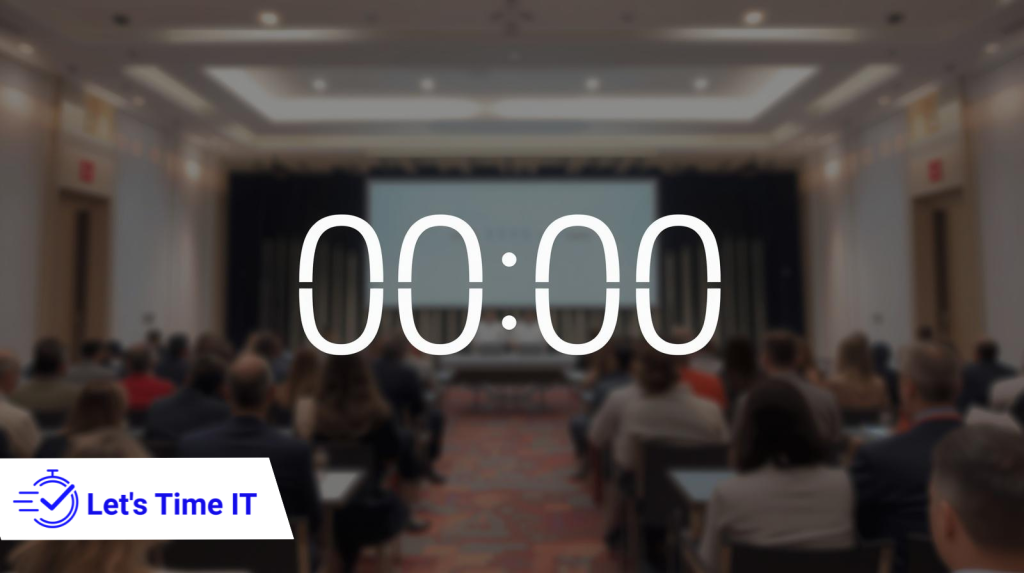 Conference countdown timer displayed on stage screen helping speakers track presentation time during a professional event.